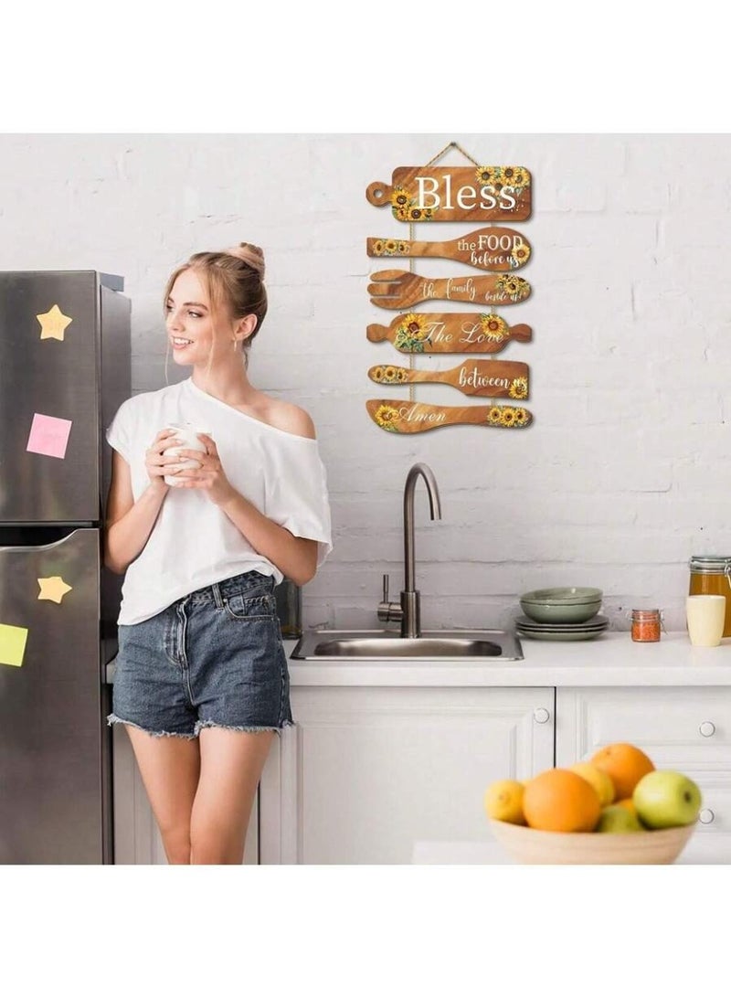 Bless the Food Before Us Wall Hanging – Rustic Kitchen Wall Decor Sign – Wooden Spoon & Fork Quote Art – Farmhouse Dining Room Hanging Plaque - Image 4